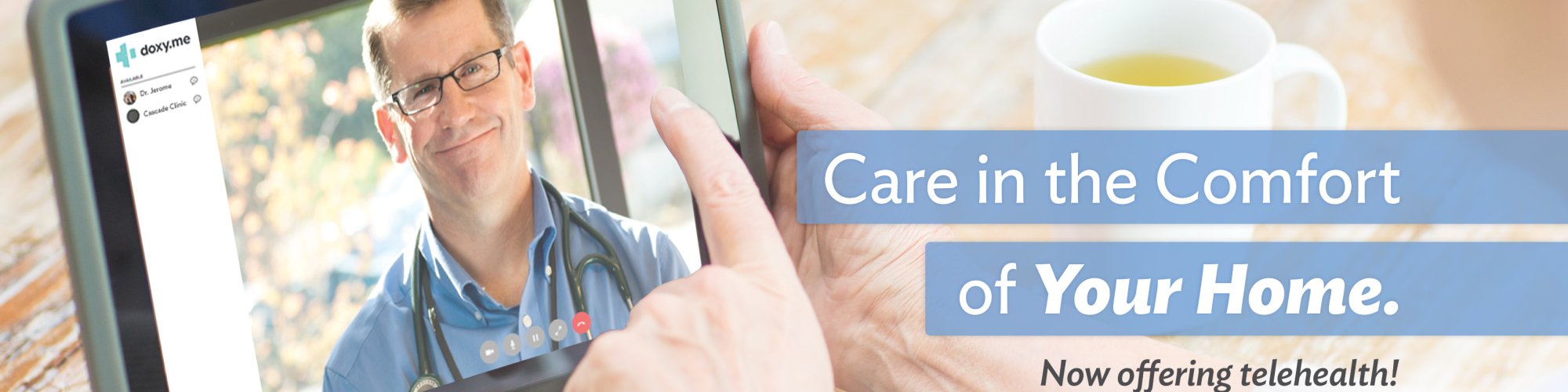 Dr. Jerome visits with a patient via video chat> 